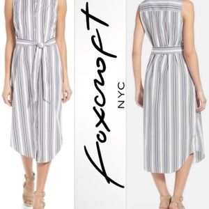 Foxcroft White and Blue Sleeveless Collared Midi Shirt Dress